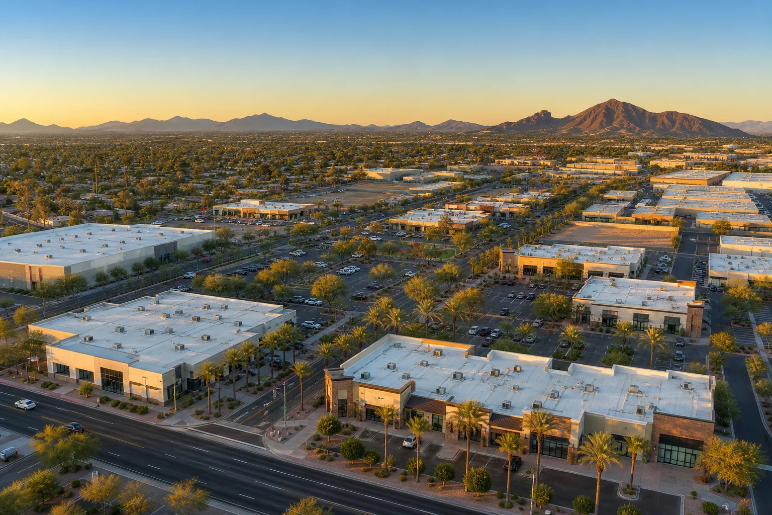 1031 exchange strategy for Arizona investors: aerial view of Phoenix metro commercial real estate corridor with industrial and retail properties at golden hour