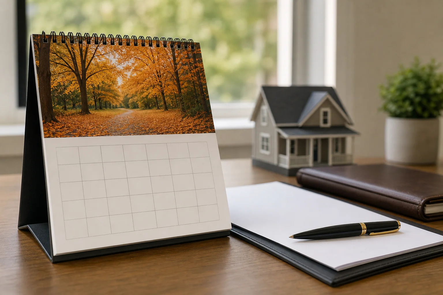 Blurred desk scene with an October calendar and closing documents symbolizing the shortened 1031 exchange deadline after a late year sale