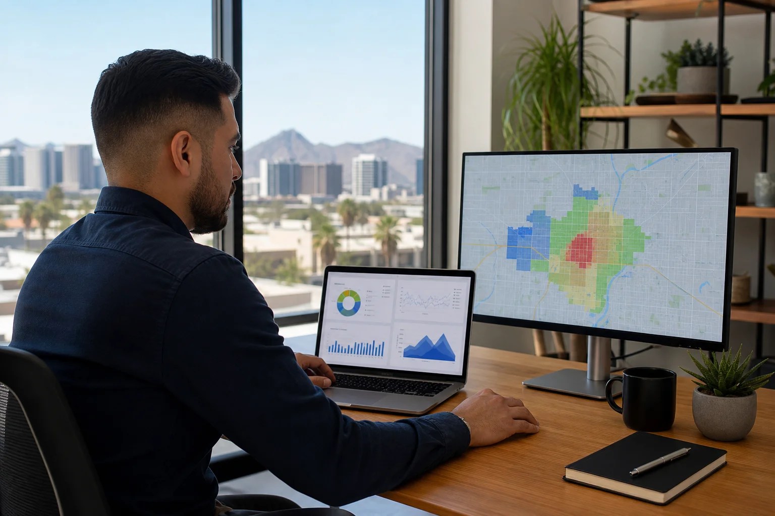A Phoenix service business owner reviewing local SEO performance data and search ranking reports on a laptop in a professional office setting