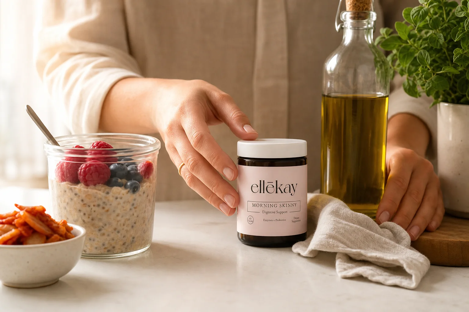 Ellekay Morning Skinny product beside a morning wellness spread supporting the 30-day gut reset protocol