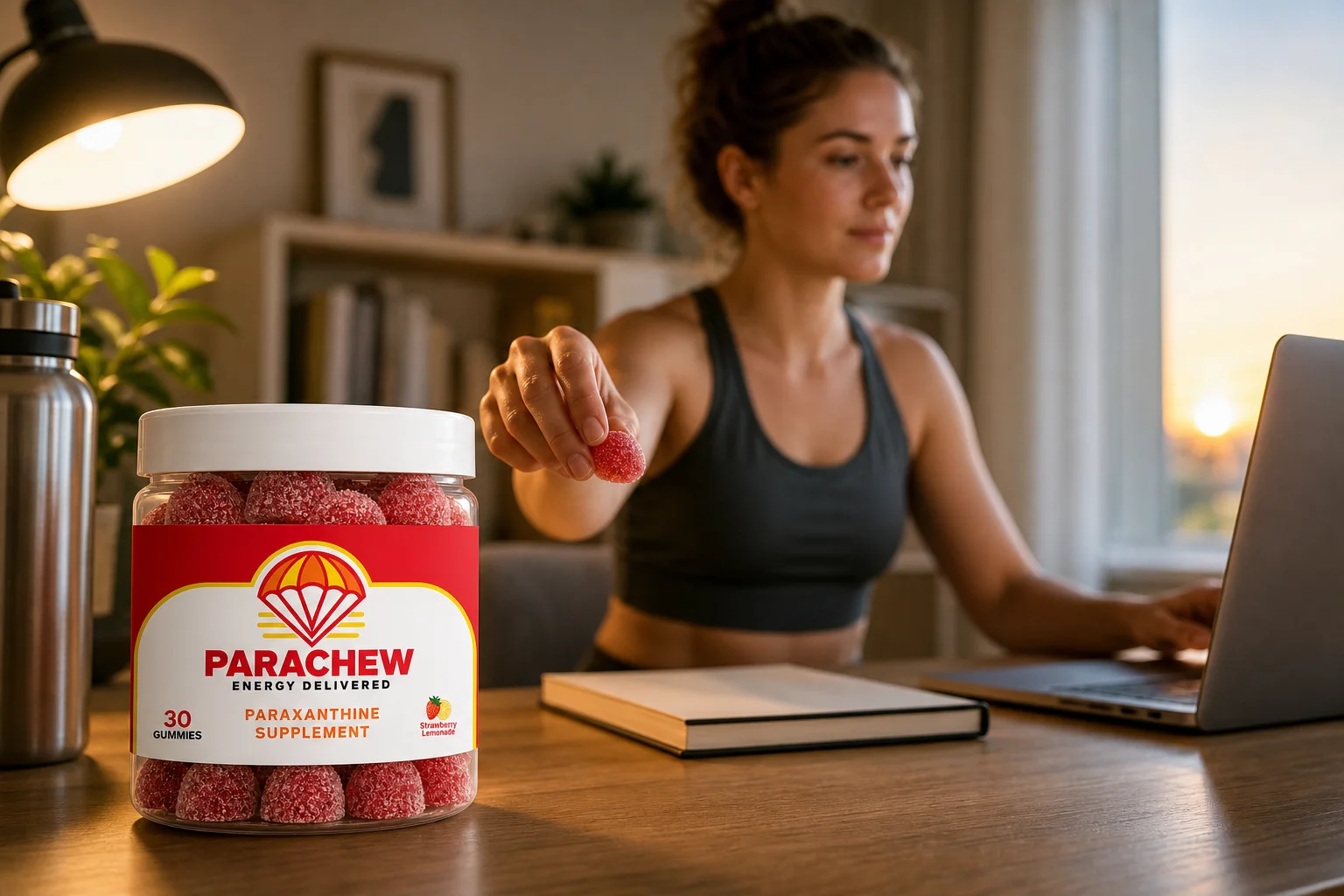 Entrepreneur choosing a paraxanthine chew over a 5-hour energy shot at an early morning home desk