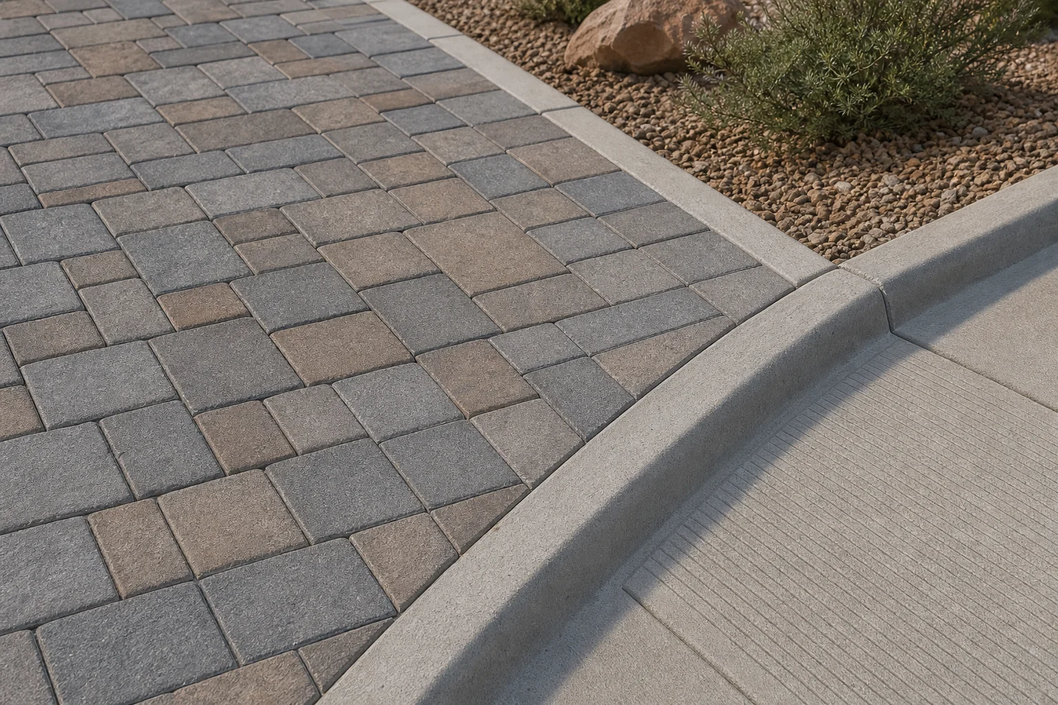 Close-up of a tightly jointed paver walkway with a smooth beveled transition at a commercial entrance