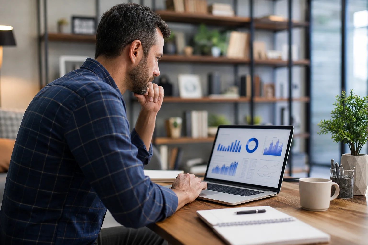 AI dashboard alongside a business owner reviewing marketing reports