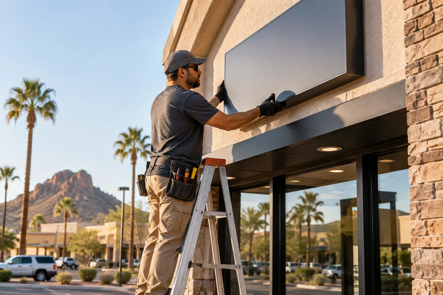 New business sign being installed outside a Phoenix service company storefront after an ownership change