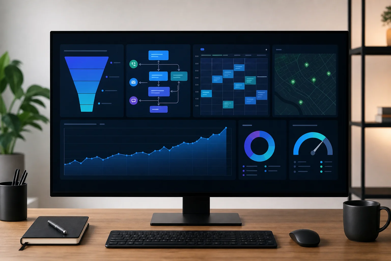 AI operator dashboard showing a home services lead pipeline with automated follow-up and scheduling systems