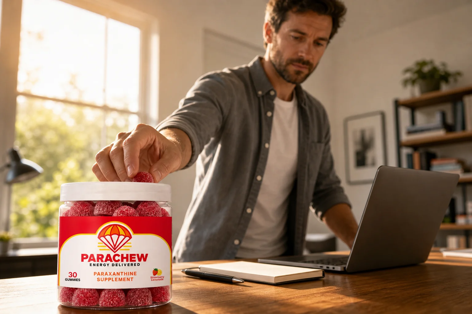 Entrepreneur choosing Parachew energy gummies over an energy drink at a sunlit home office desk in the morning