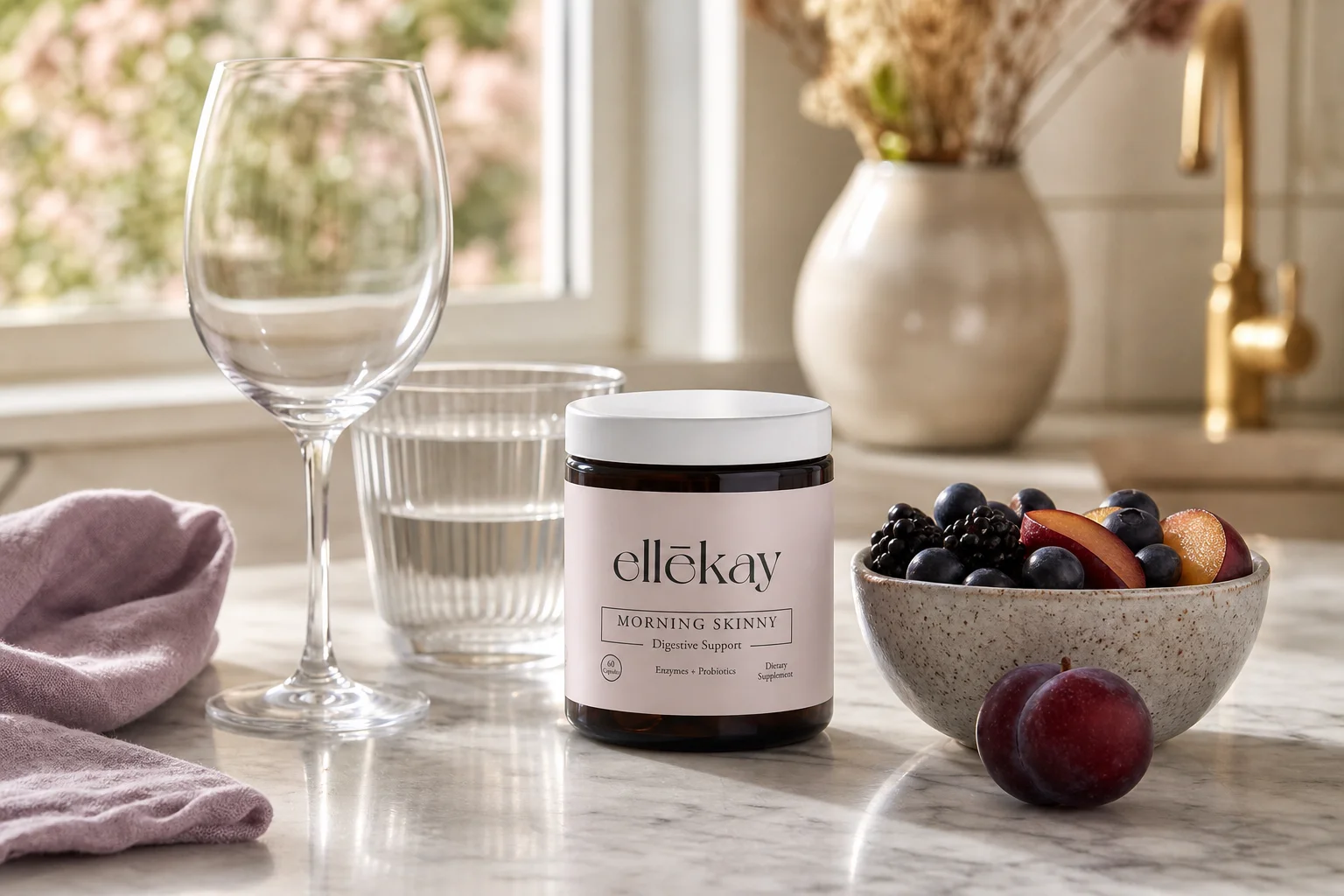 Woman's morning kitchen counter showing how alcohol and digestion connect, with Morning Skinny and a glass of water