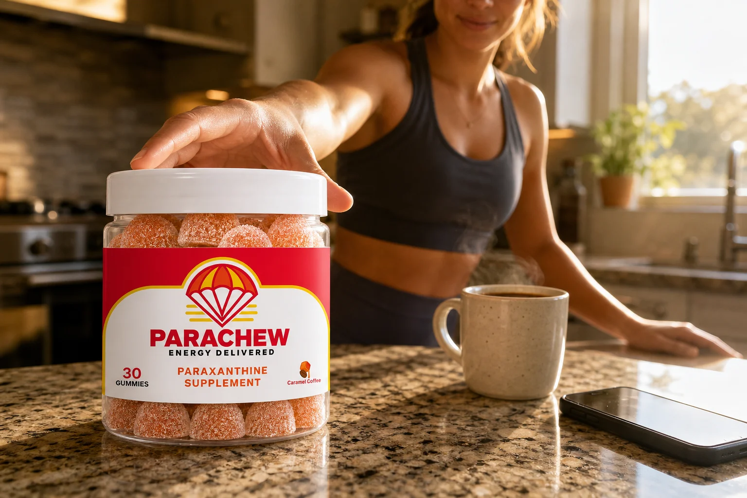 A person already off caffeine reaching for a Parachew energy jar beside a morning coffee mug
