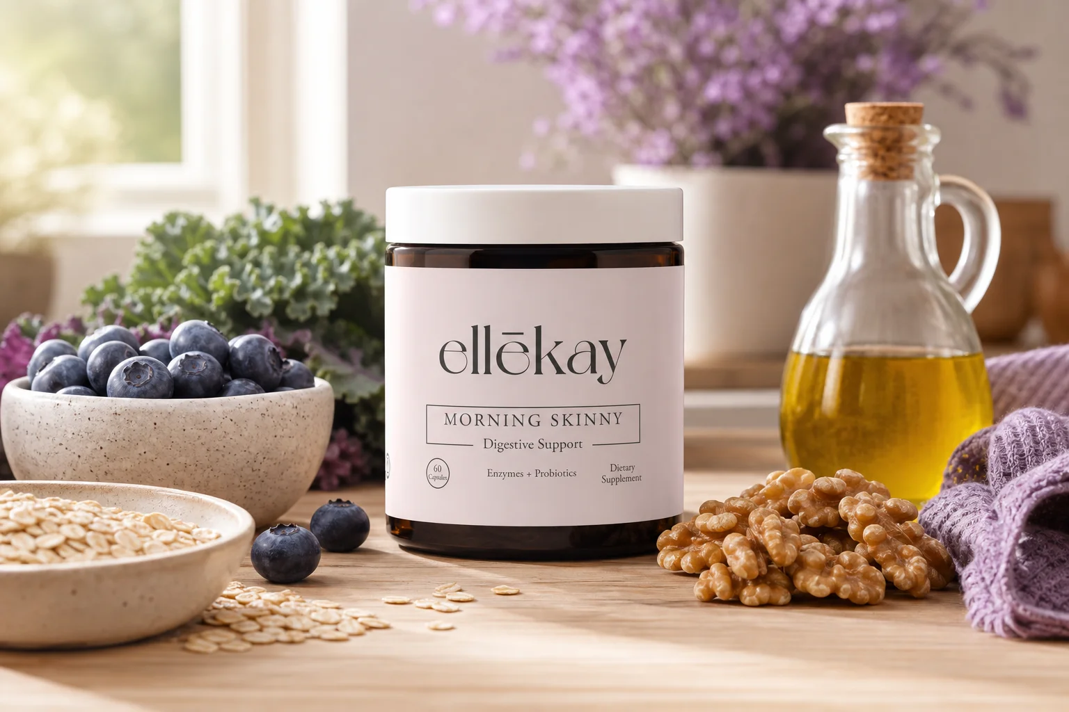 Anti-inflammatory diet for gut health: Morning Skinny supplement surrounded by blueberries, leafy greens, olive oil, and whole grains on a kitchen counter