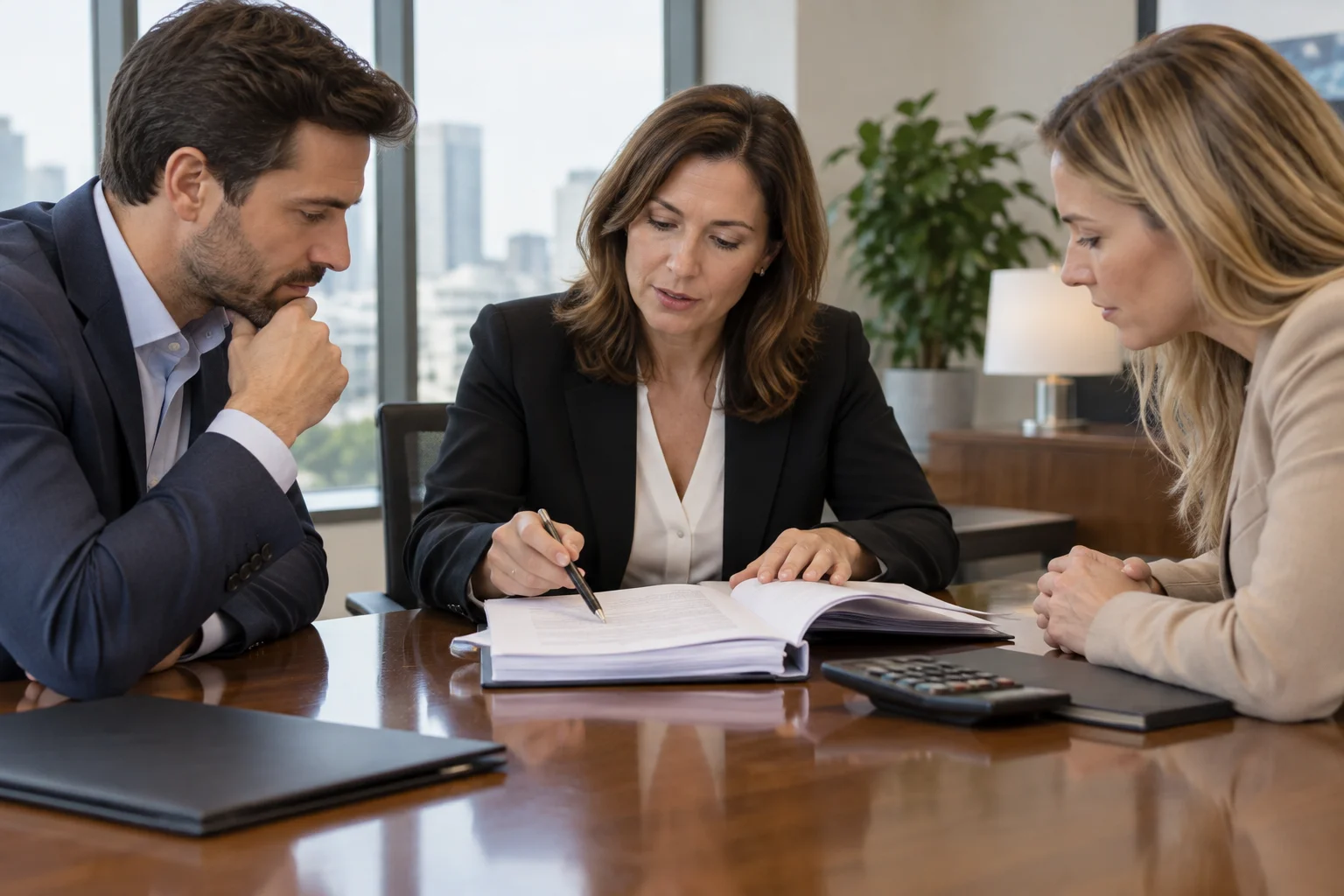 Title company escrow officer reviewing closing documents for an industrial building sale