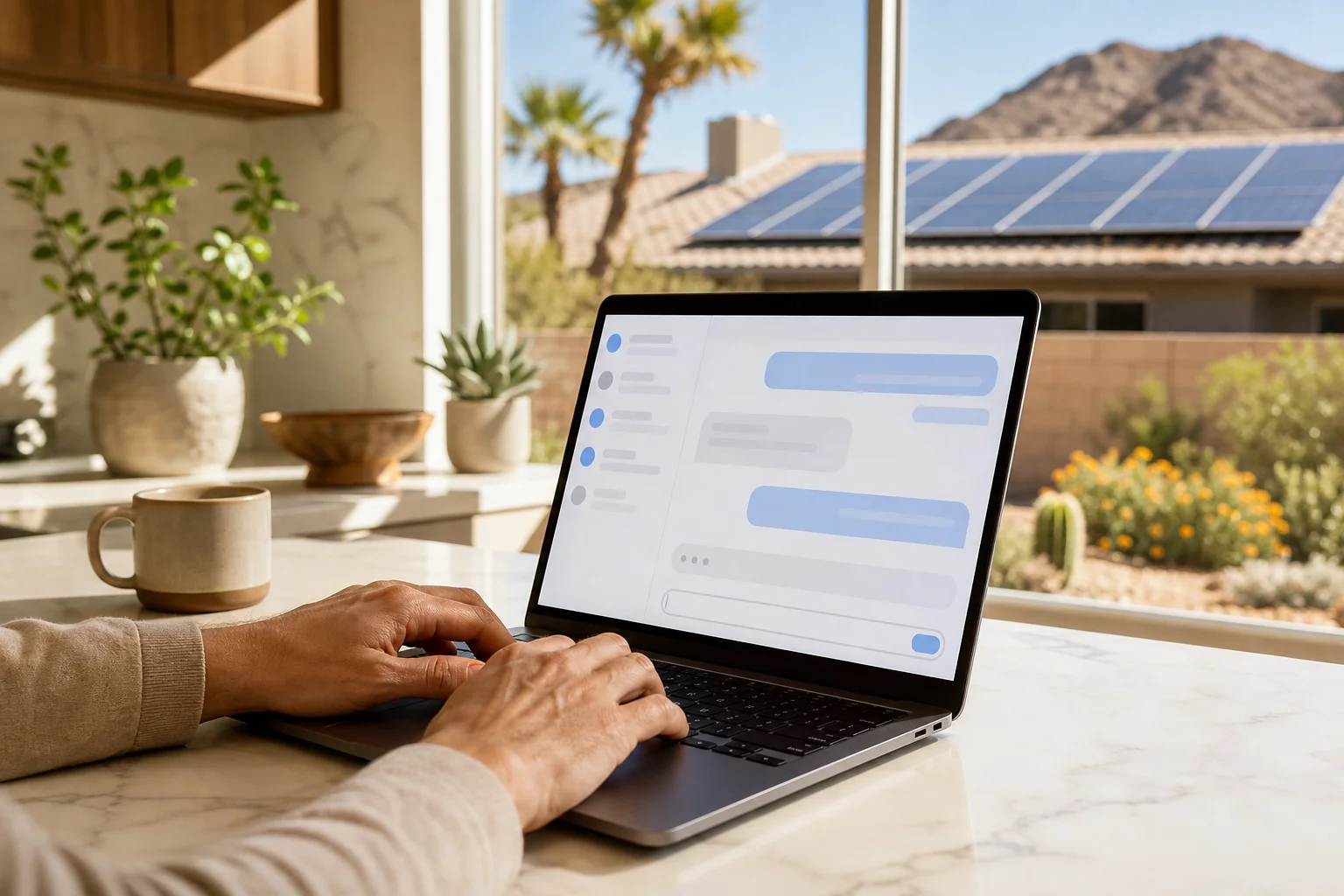 Arizona homeowner researching solar companies on a laptop in a bright home office with solar panels visible through the window behind them