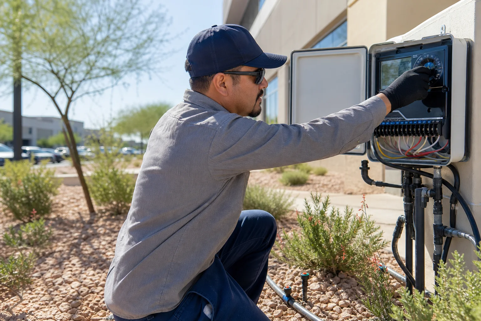 Commercial property irrigation technician adjusting a smart controller near desert landscaping in Arizona