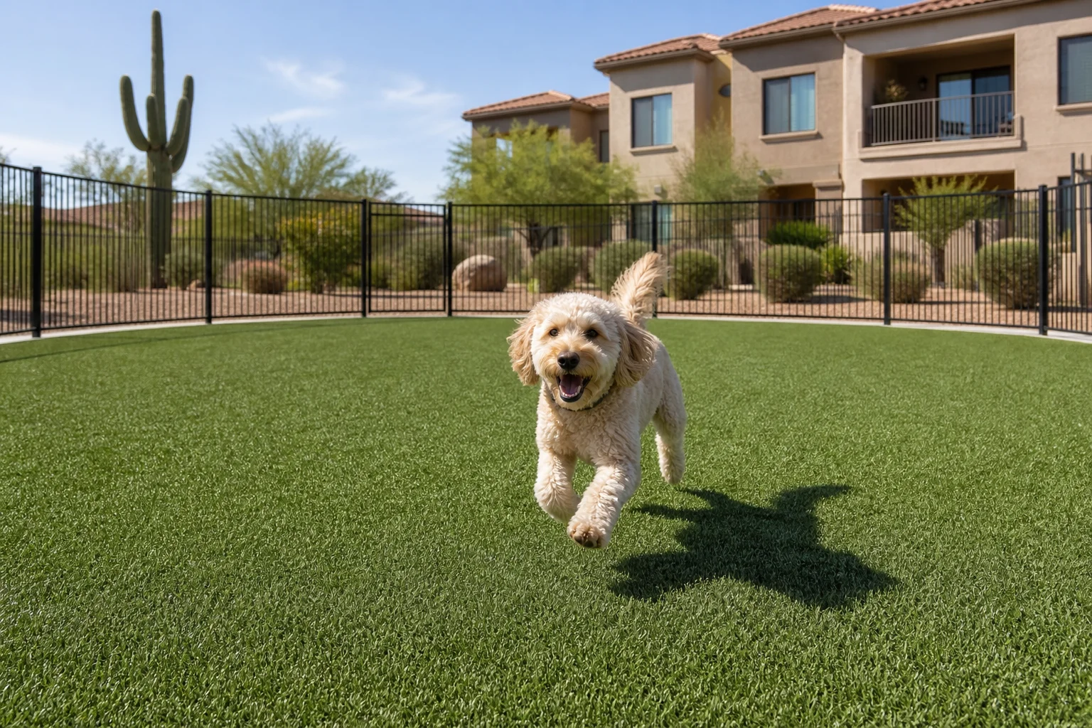 Clean synthetic turf dog run at a community HOA property with lush green artificial grass surface and secure perimeter fencing