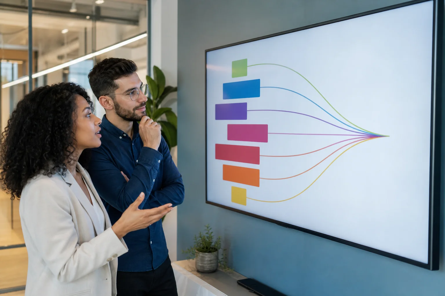 A marketing team reviewing a multi-channel attribution dashboard on a large screen in a modern office