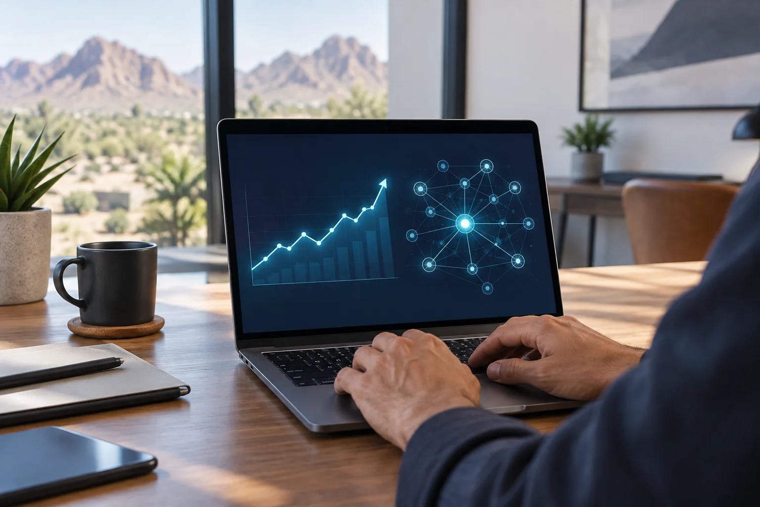 Phoenix marketer reviewing a website's rising authority score and backlink graph on a laptop