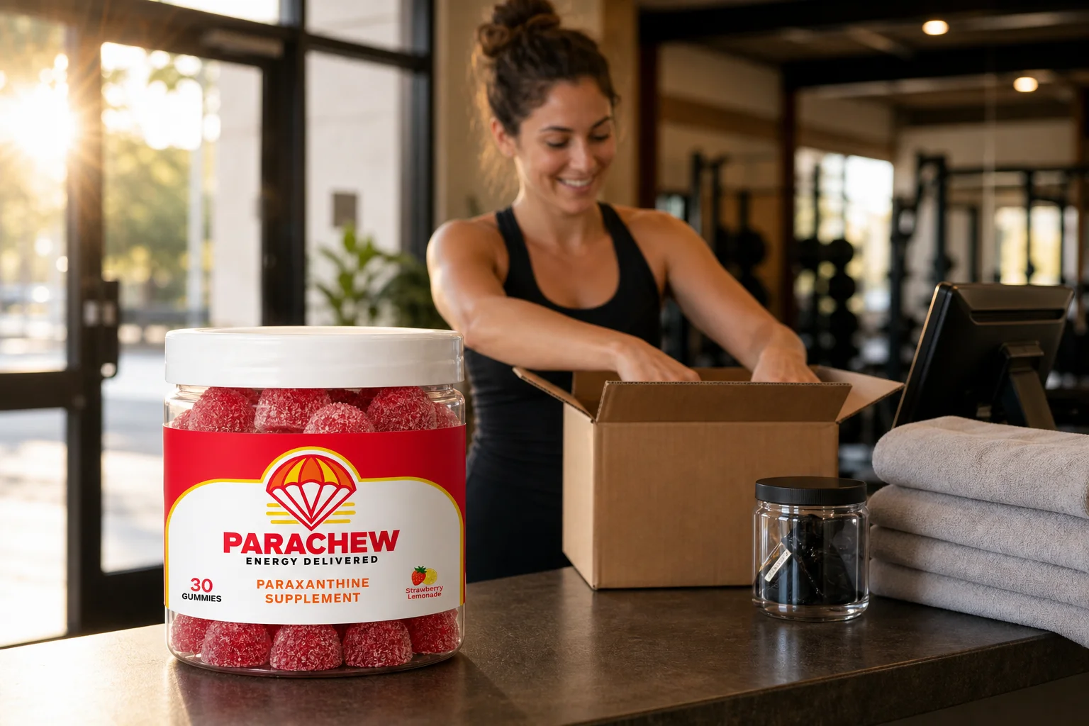 Gym front desk staff stocking a case of Parachew energy gummies, one of the best bulk energy options for gyms, studios and offices.