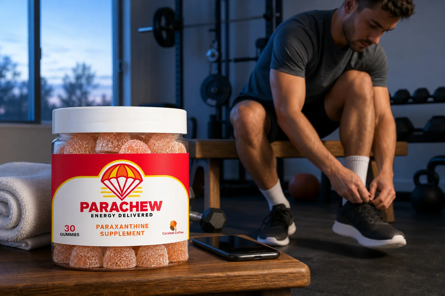 Athlete preparing for a dawn workout beside a Parachew jar, part of the best paraxanthine drinks in 2026 lineup