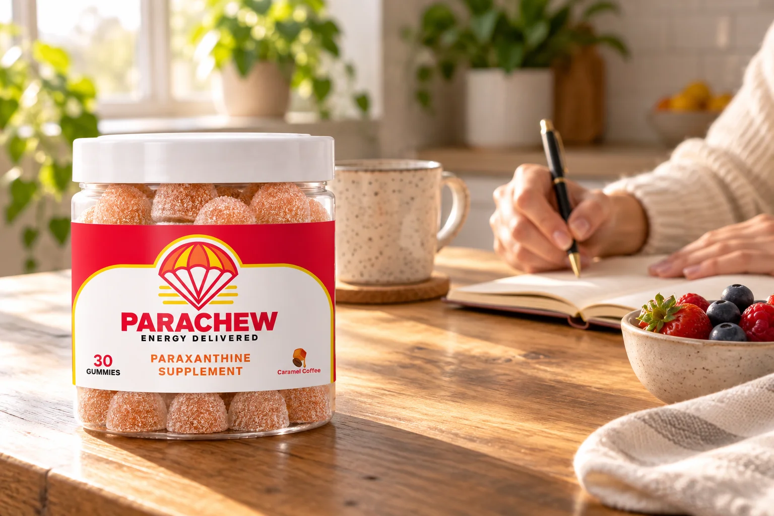 Jar of Parachew Caramel Coffee gummies on a sunlit kitchen table, our pick for the best paraxanthine supplement in chew form