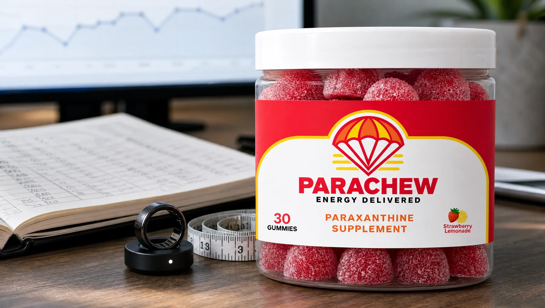 Parachew Strawberry Lemonade paraxanthine gummies jar in the foreground of a quantified-self desk setup