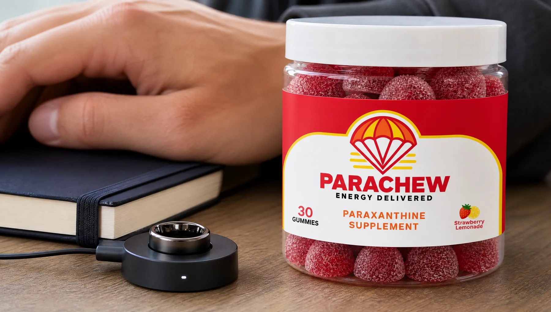 Close view of a Parachew Strawberry Lemonade paraxanthine gummies jar, a close overhead crop of the desk