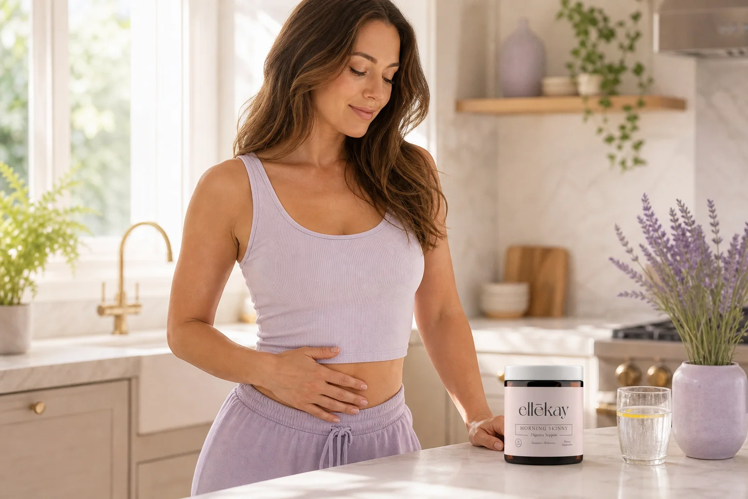 Woman gently pressing her stomach in a bright kitchen with Ellekay Morning Skinny on the counter, illustrating bloating vs gas relief