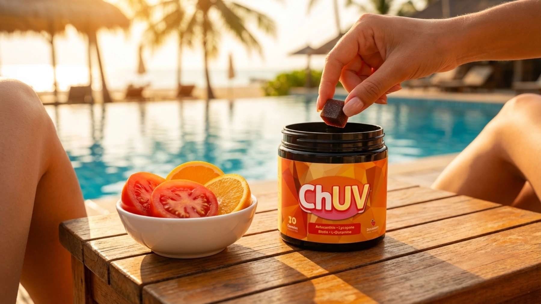 Woman reaching for ChUV tanning gummies poolside with sliced tomatoes and orange citrus representing astaxanthin and lycopene synergy