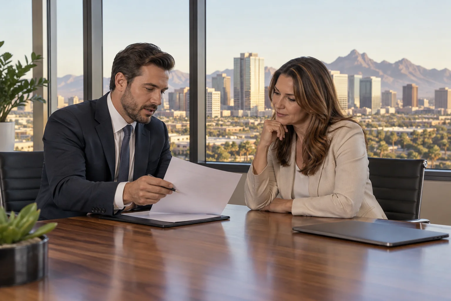Broker and property owner reviewing a commercial listing agreement in Arizona at a conference table