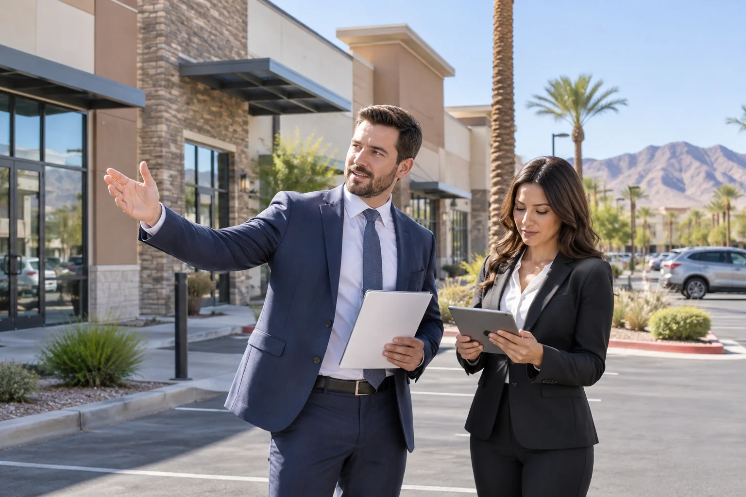 Commercial broker reviewing a marketing and signage plan for a Phoenix-area retail property