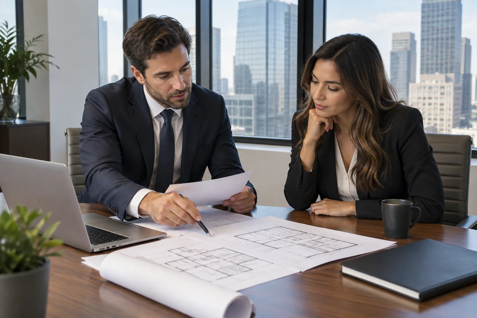 Commercial real estate broker and client reviewing due diligence documents for a Tempe office building purchase