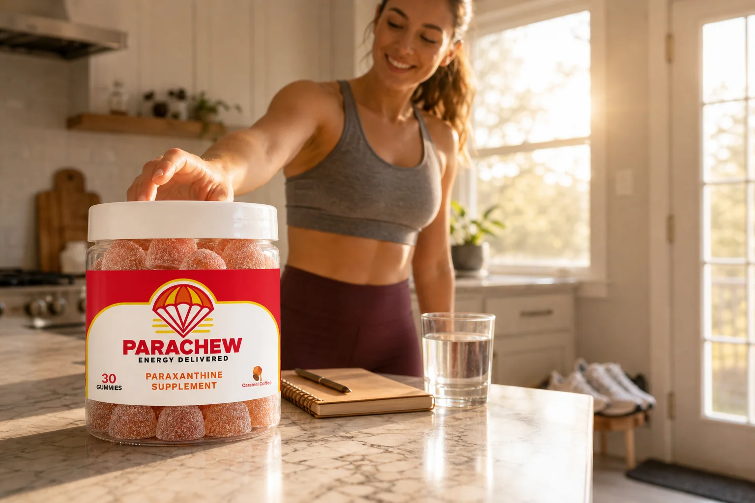 Woman reaching for a Parachew jar in a sunlit kitchen while building her paraxanthine morning routine