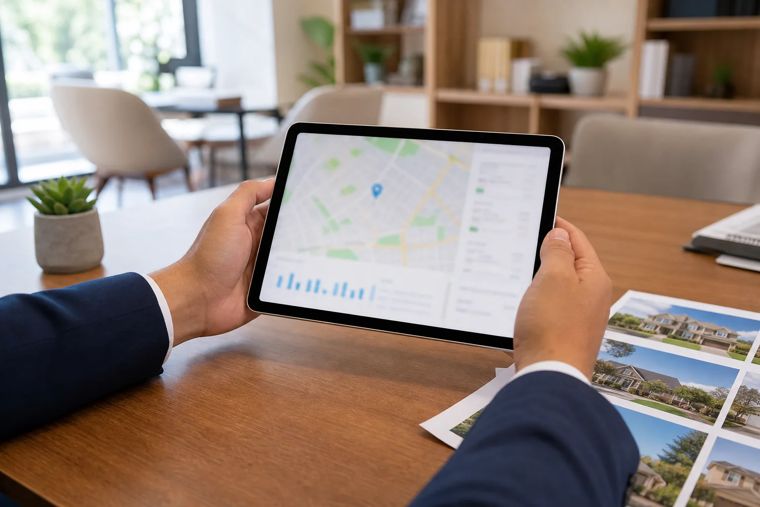 A real estate agent reviewing local market data and neighborhood listings on a tablet in a bright modern office