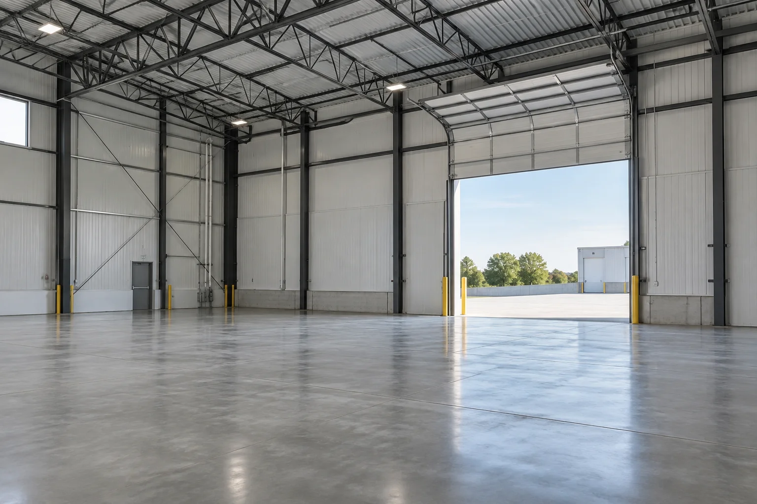 Empty interior of a vacant Phoenix industrial warehouse with concrete floor and open loading dock doors