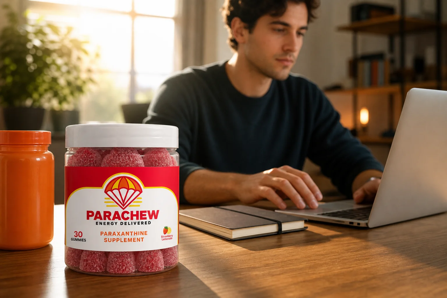 Entrepreneur at a sunrise home office desk reaching for a Parachew jar, illustrating caffeine pills vs paraxanthine chews