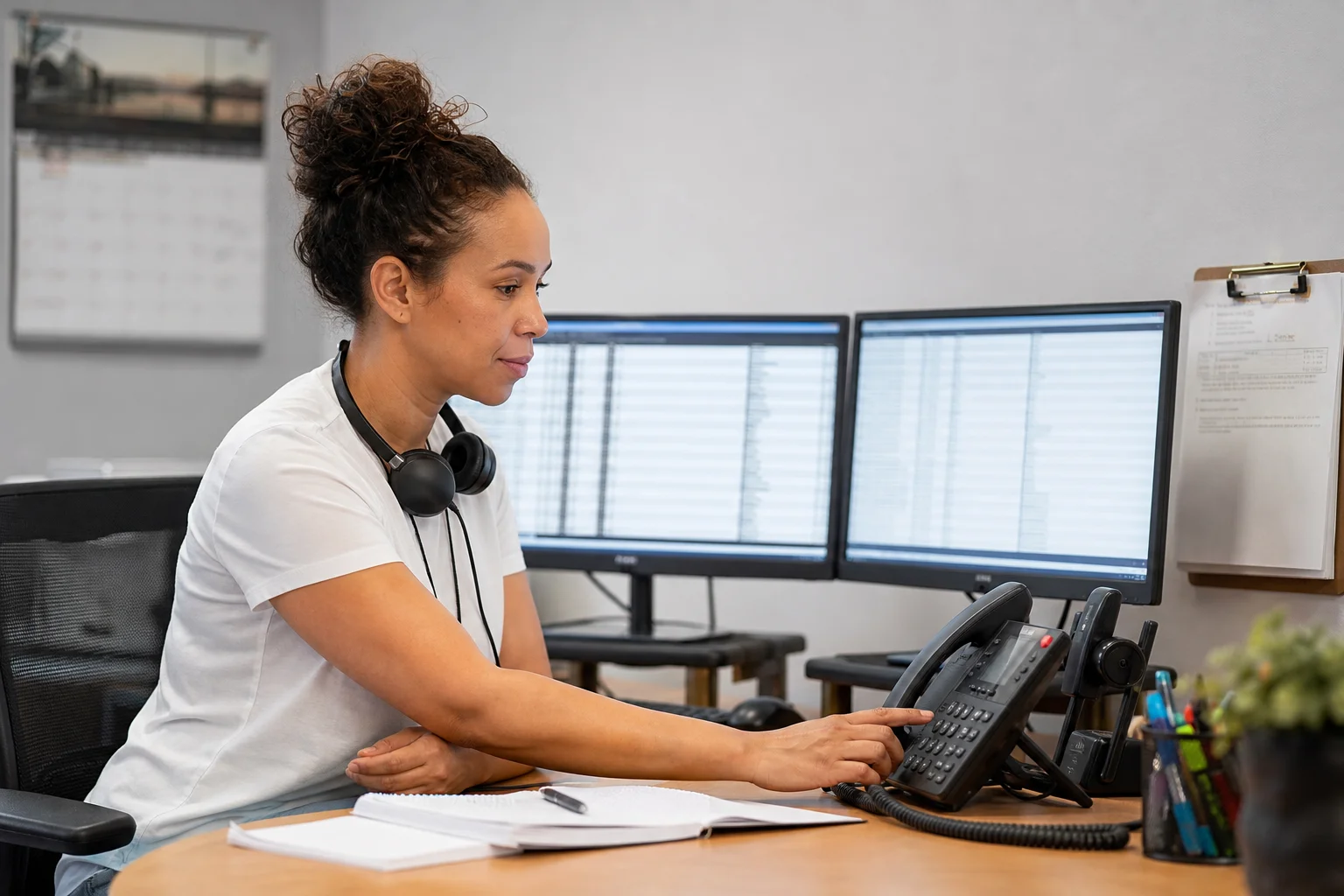 Dispatcher reviewing call tracking data at a service business office desk