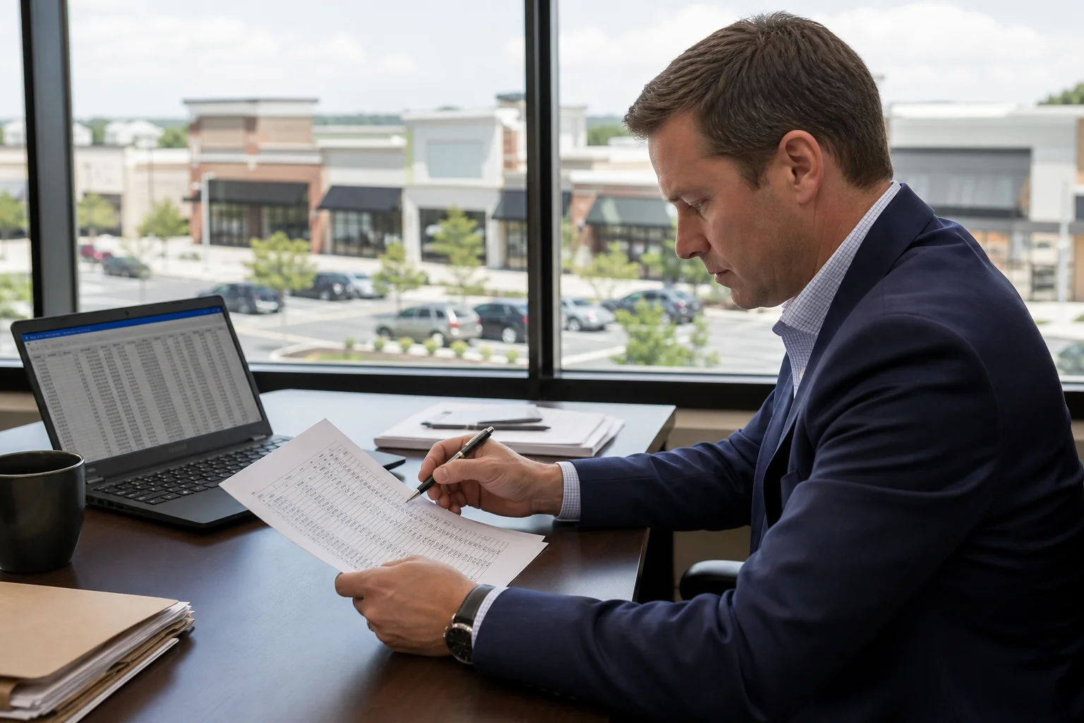 Commercial real estate broker reviewing a CAM reconciliation statement with pro-rata share calculations for a Mesa retail lease