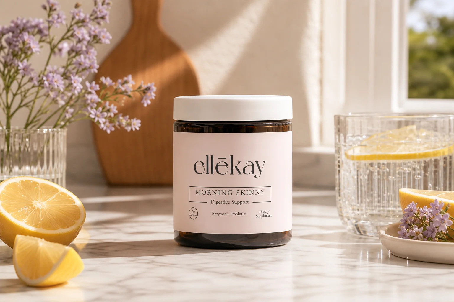 Morning Skinny supplement bottle on a kitchen counter supporting digestive enzymes for weight management