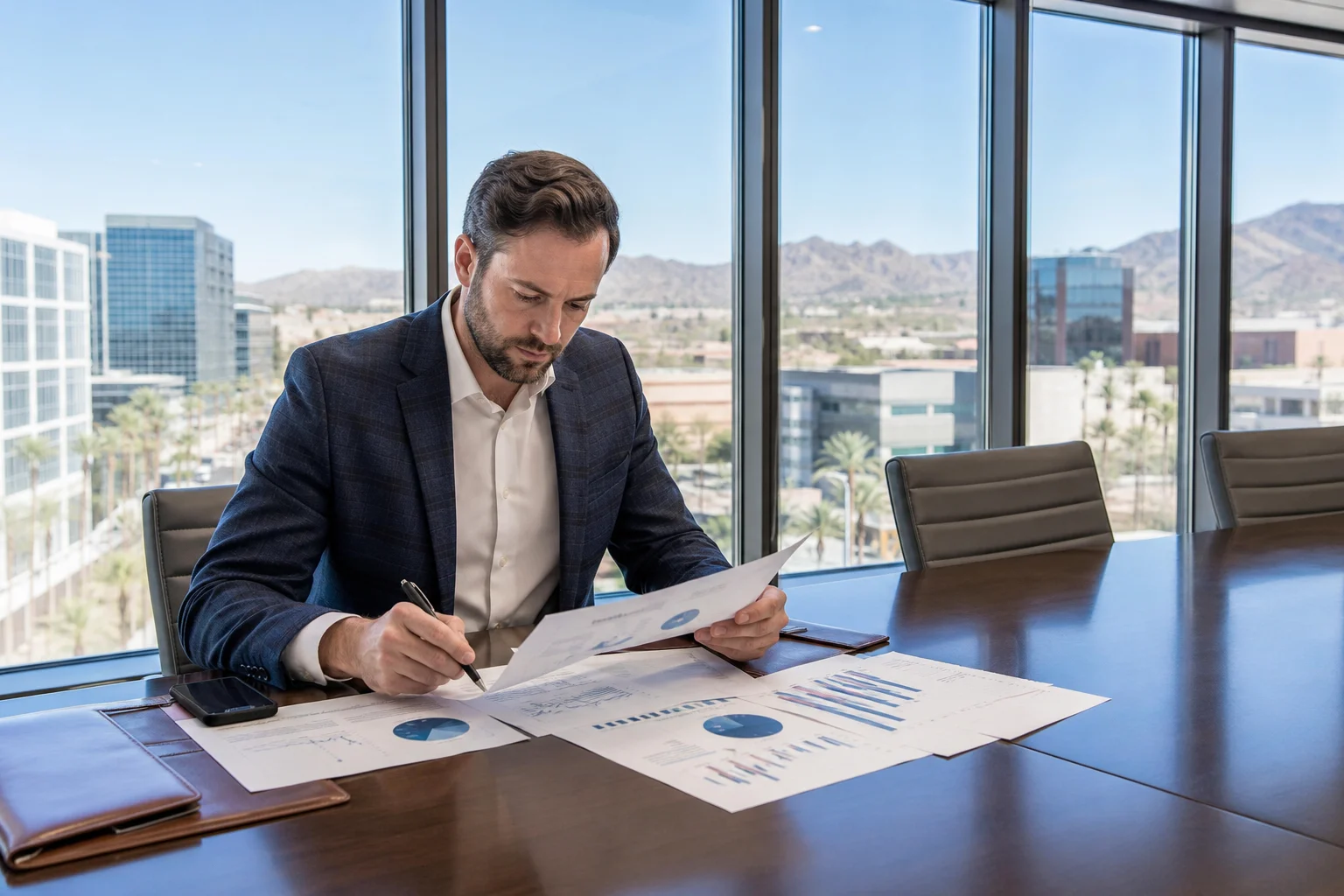 Phoenix commercial real estate investor reviewing cap rate, cash-on-cash, and IRR deal analysis documents in a modern office with cityscape view