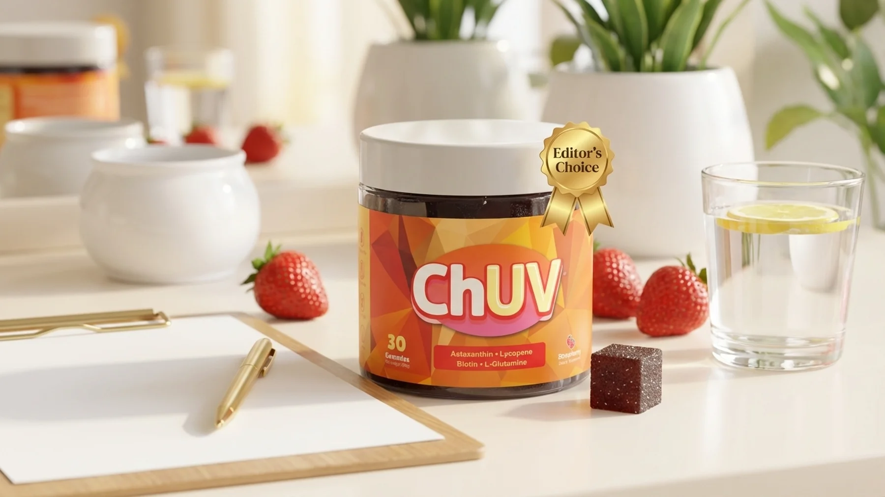 ChUV Tanning Gummies product shot in a beach bag with sunglasses, sunlit outdoor setting, warm natural light