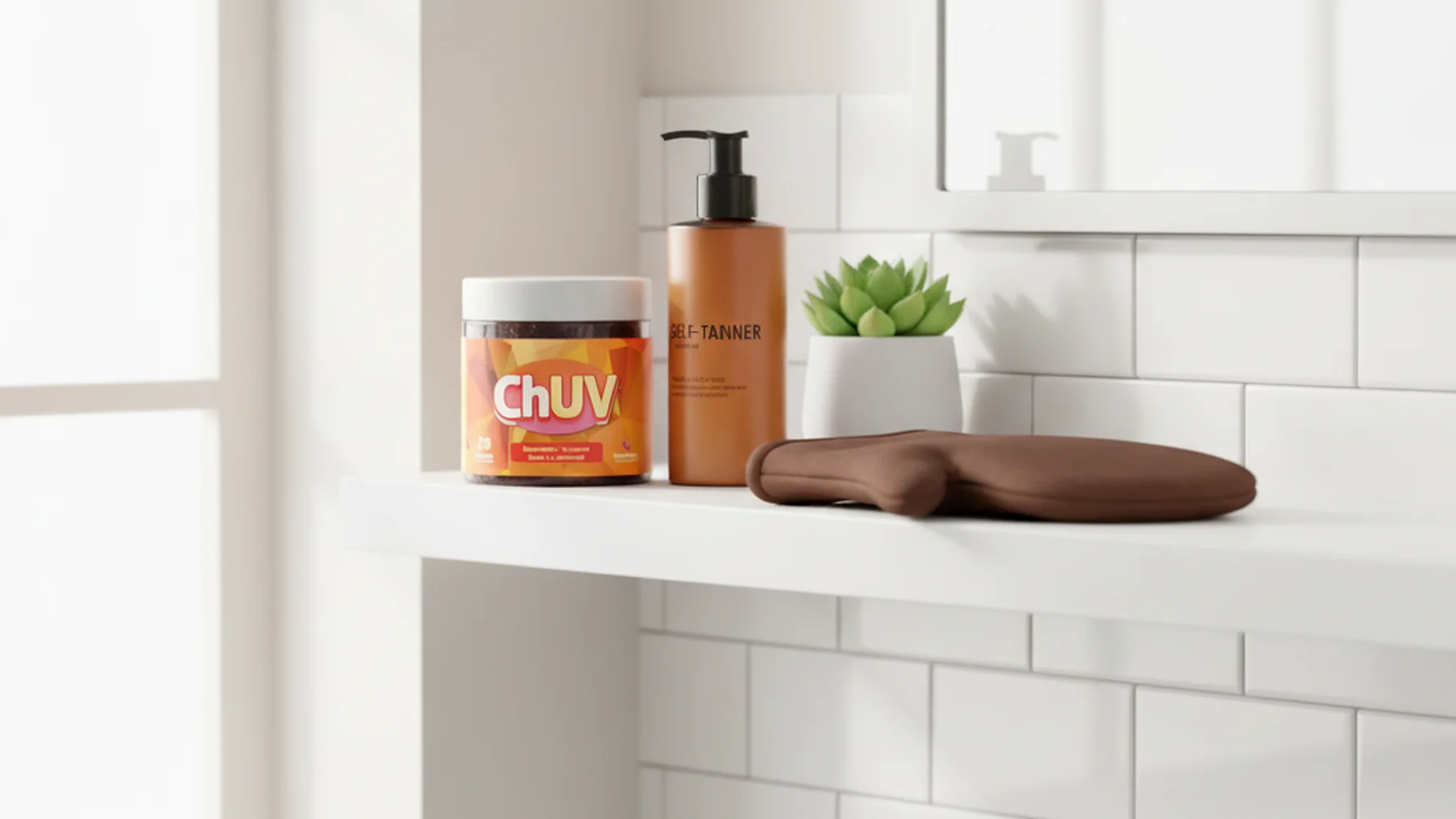 ChUV Tanning Gummies beside a natural wood vanity with a gold mirror , lifestyle flat lay product photography