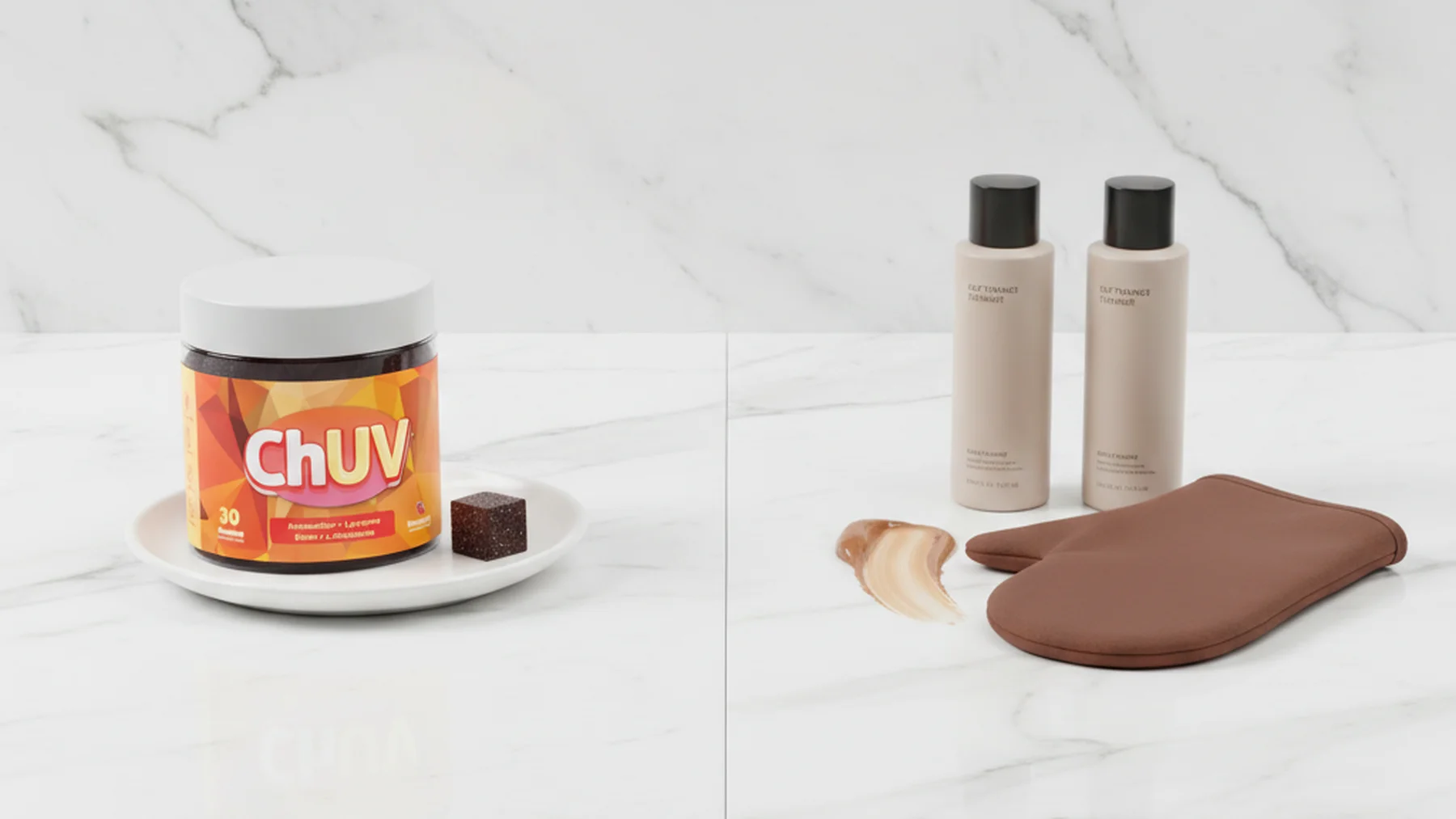 Split comparison of ChUV tanning gummies versus self-tanner lotion products on marble counter