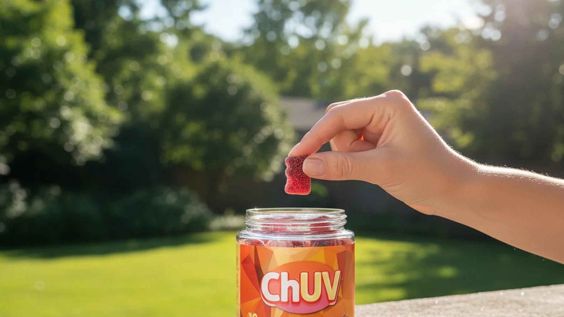 ChUV Tanning Gummies on a sunlit poolside surface beside a clear water glass and fresh fruit, wellness lifestyle photography