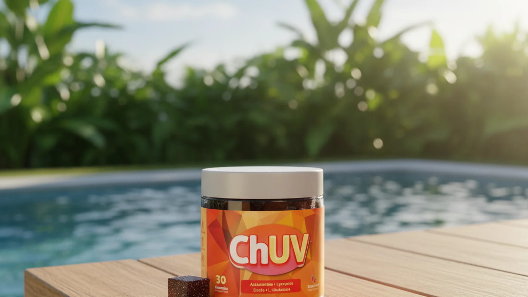 ChUV tanning gummies in natural sunlight by the pool — a healthy alternative to tanning beds