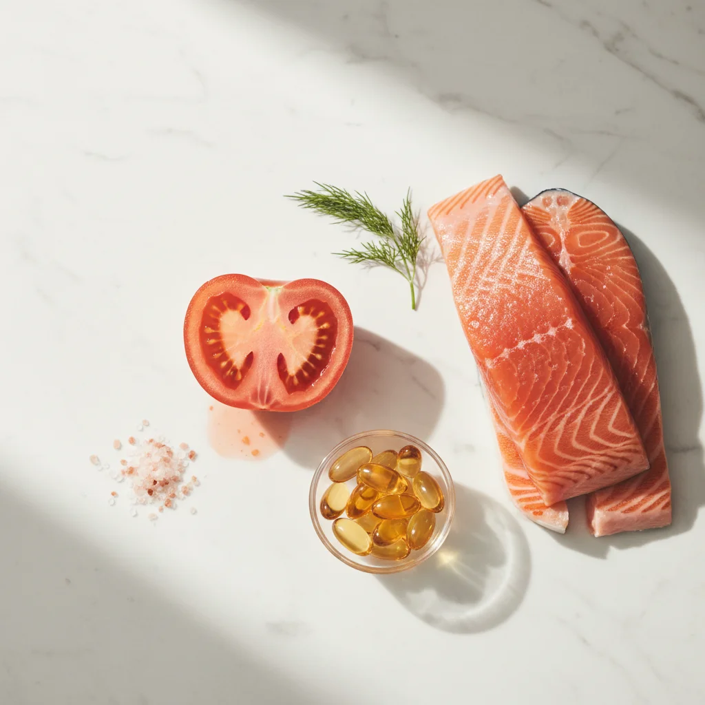 Astaxanthin and lycopene capsules beside fresh tomatoes and salmon on a marble surface