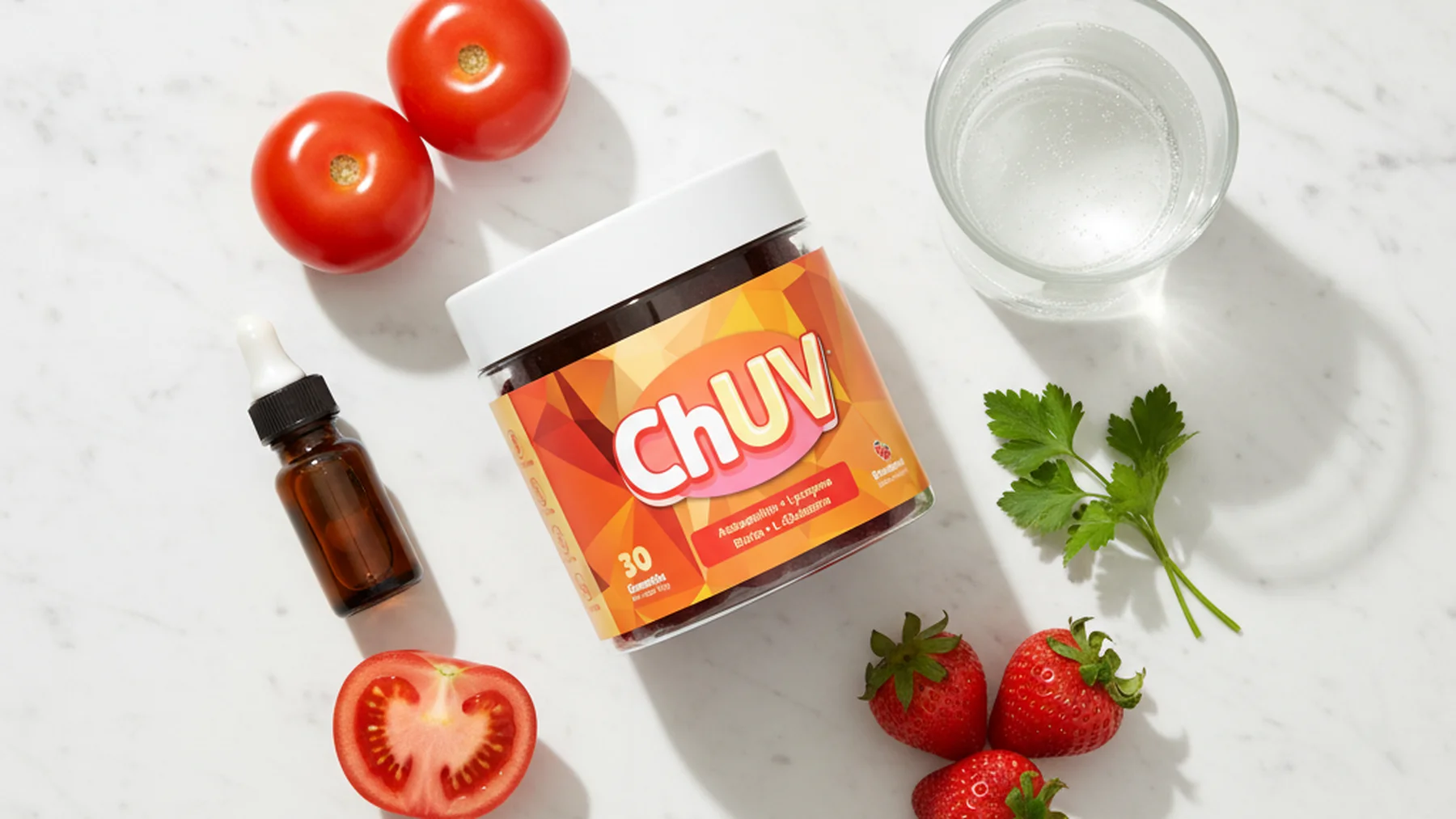 ChUV tanning gummy bottle with natural ingredients including astaxanthin, lycopene tomatoes on marble