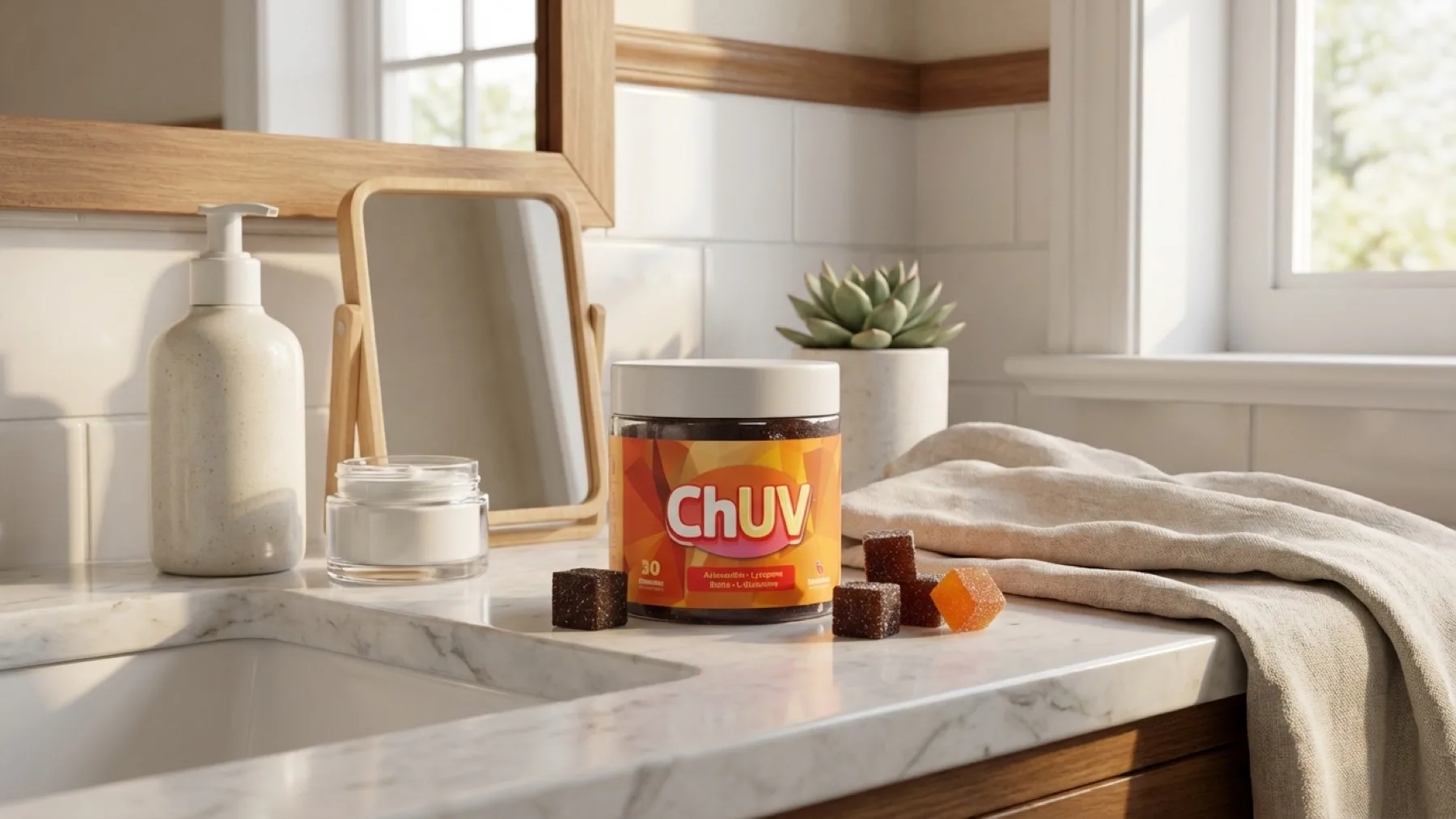 ChUV ChUV tanning gummy lifestyle flat lay with natural ingredients
