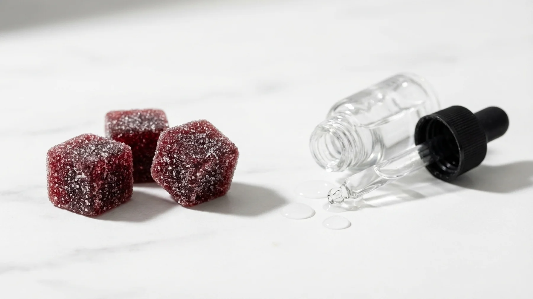 A flat lay of ChUV Tanning Gummies on a sun-lit vanity counter with a fresh bronze complexion visible in the background