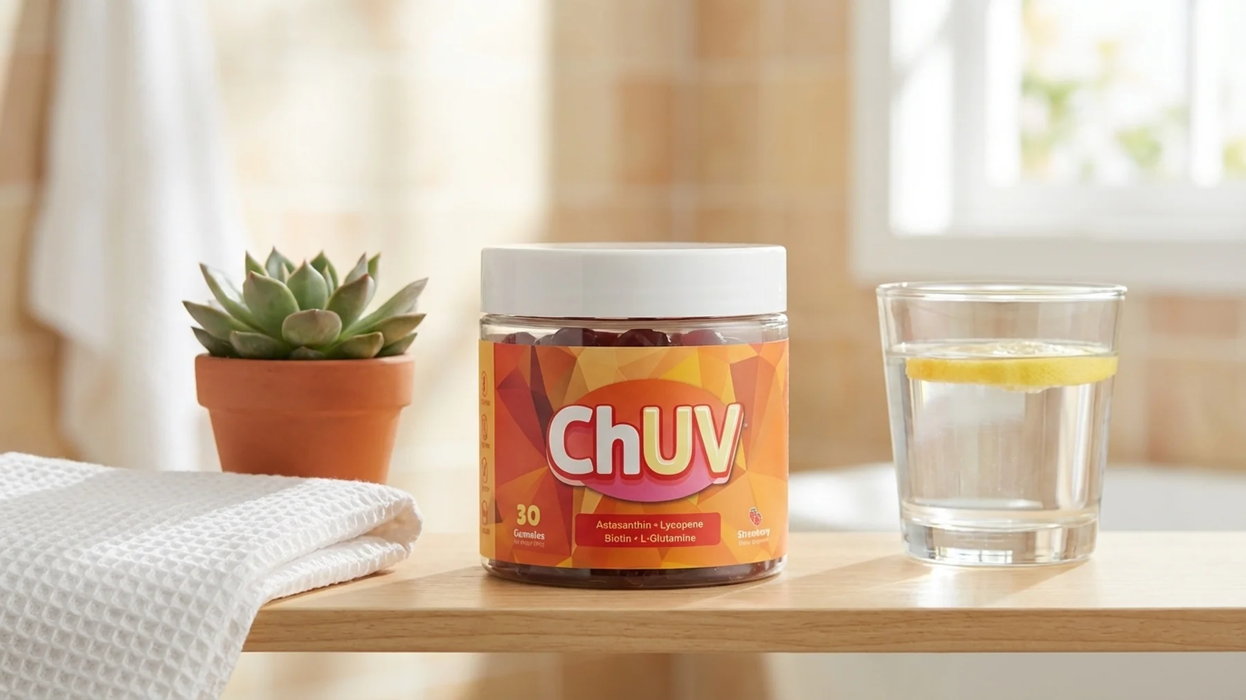ChUV Tanning Gummies next to natural botanicals on a clean marble surface, natural light, wellness aesthetic