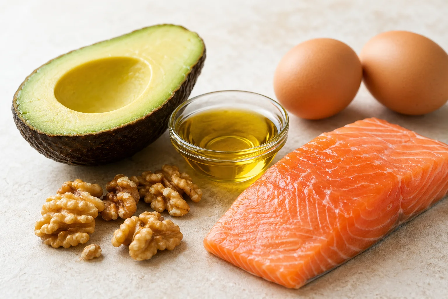 Healthy fat foods including avocado halves, olive oil, salmon fillet, and walnuts arranged on a light stone surface representing the ideal dietary context for fat-soluble carotenoid absorption