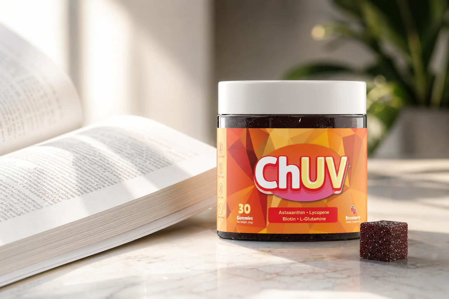 ChUV gummy vitamin jar on a clean laboratory desk with scientific journals and reading glasses, warm natural light from window — hero image for astaxanthin clinical studies blog post