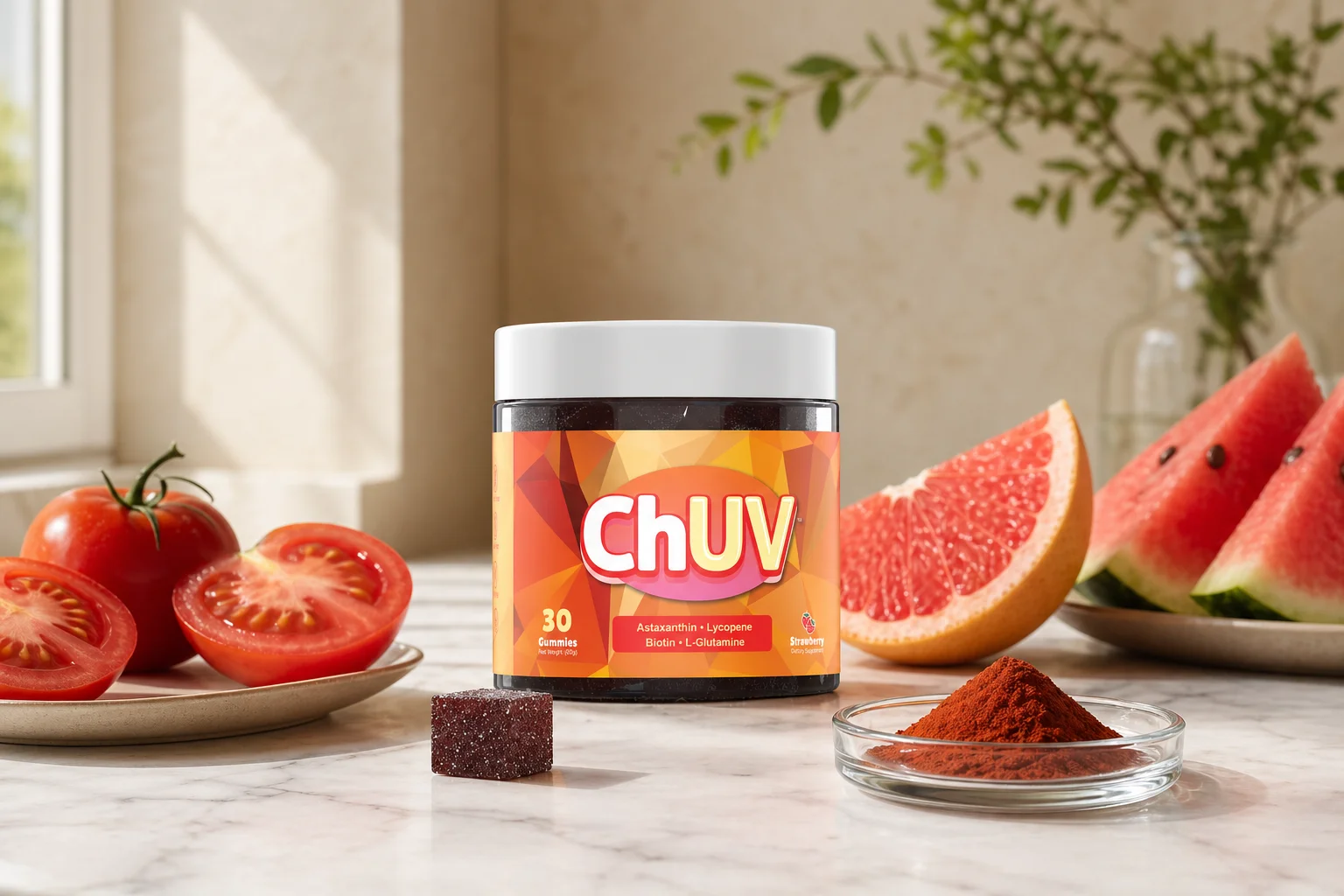 ChUV tanning gummies jar surrounded by astaxanthin and lycopene food sources for a carotenoid comparison